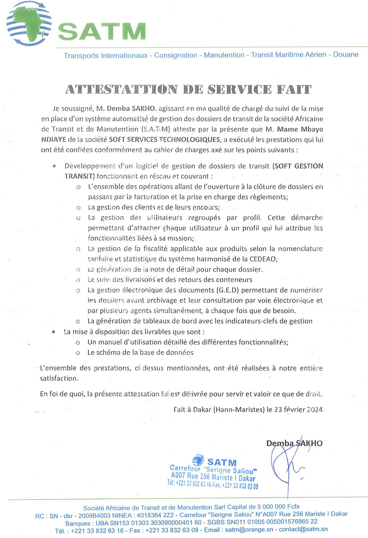 Attestation de satisfaction SATM